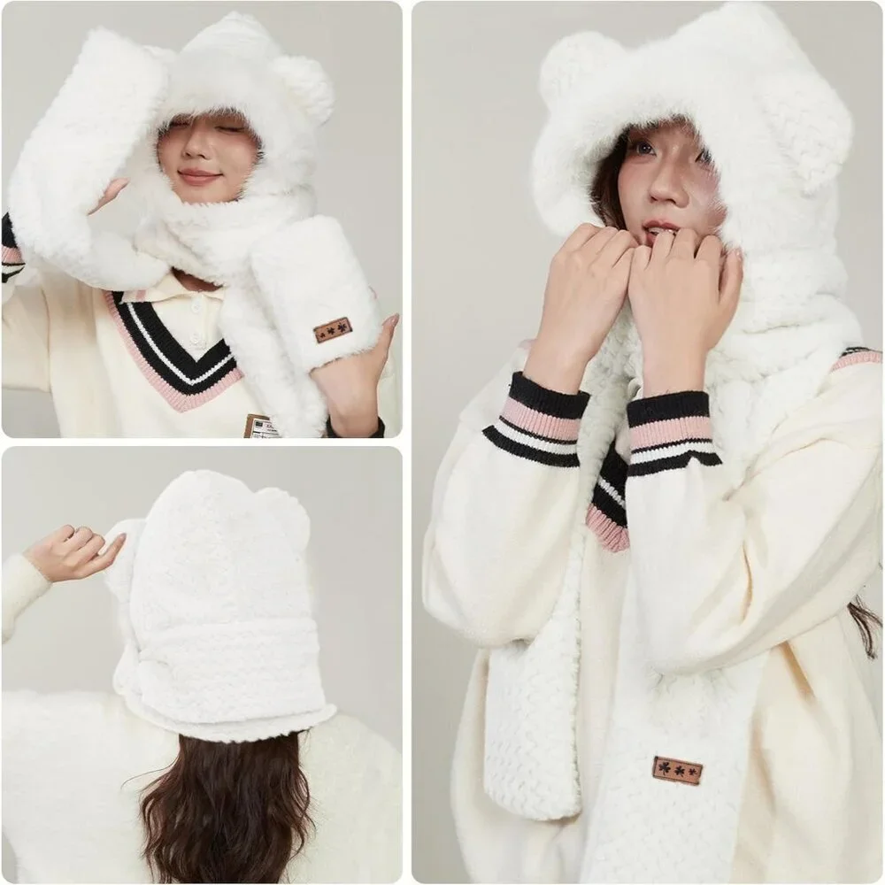 Women's White Hooded Scarf Cute Bear Ear Hat Faux Fur Gloves Set Soft